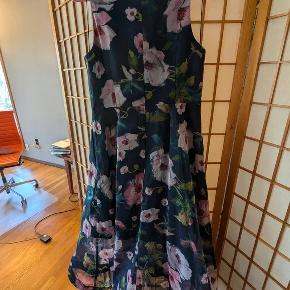 Floral Printed High Low Organza Halter Dress - Navy Multi - Picture 2 of 4